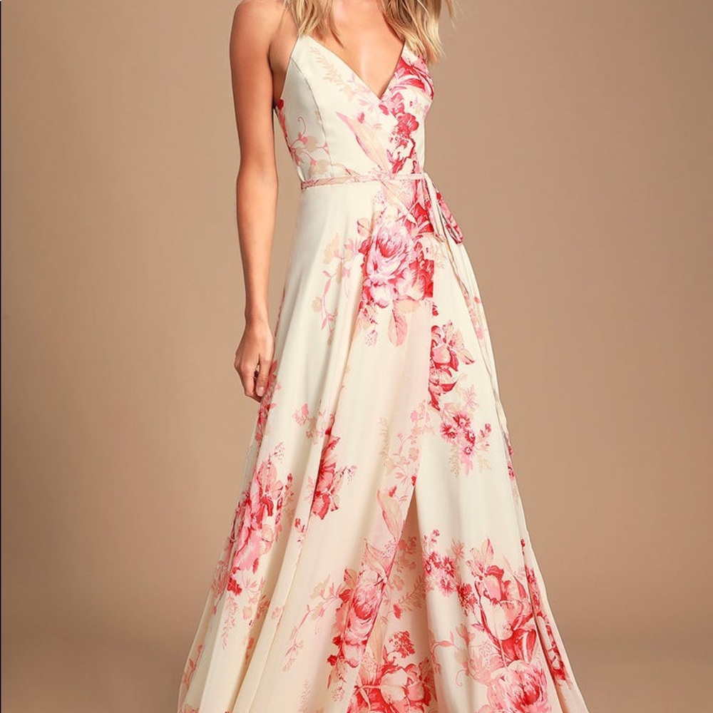 Lulus Elegantly Inclined Cream and Coral Floral Print Wrap Maxi Dress